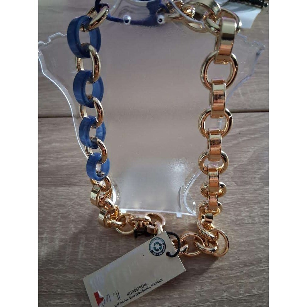 Open Edit Gold Tone and Blue Resin Chunky Link Statement Necklace 16in NWT